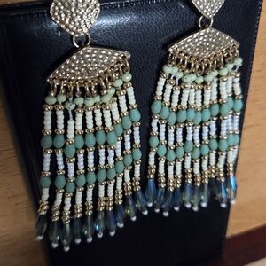 Elegant Gold and Green Beaded Earrings